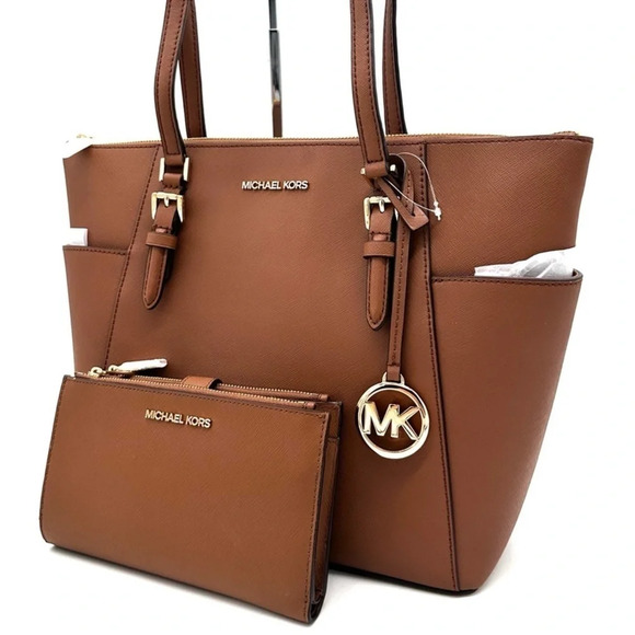 Michael Kors Large Charlotte Tote Bag & Large Double Zip Wallet Luggage Brown - Picture 1 of 14